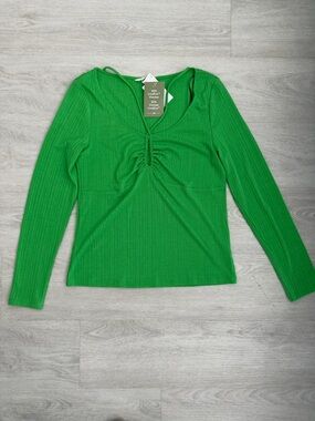 H&M Bright Green Long-Sleeve Ruched V-Neck Top